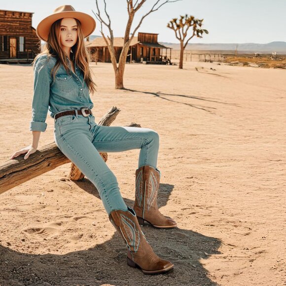 SheSole Western Boots Women's Brown Tan Faux Leather Square Toe Wide Mid Calf - Picture 6 of 9